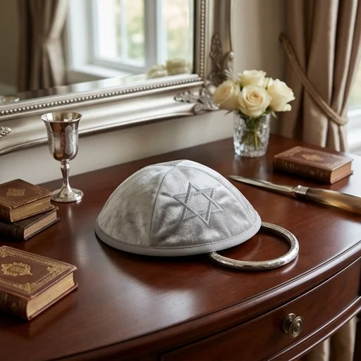 Velvet Kippah with Embroidery Size 4- Pearl