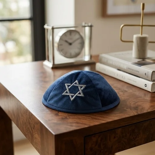Velvet Kippah with Embroidery Size 4- Dark Blue