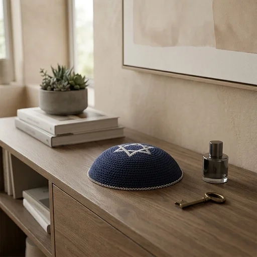 Knitted Kippah Blue Silver m. 16 cm - with Embroidery