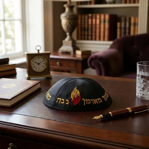 Black Terylene Kippah 18cm- "Nachman" - with Embroidery