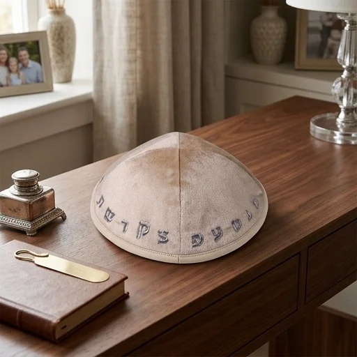 Velvet Kippah with Embroidery Size 4- Off White