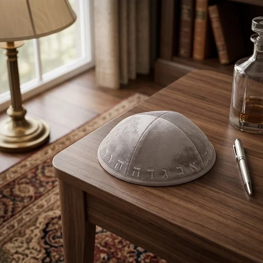 Velvet Kippah with Embroidery Size 3- Light Gray