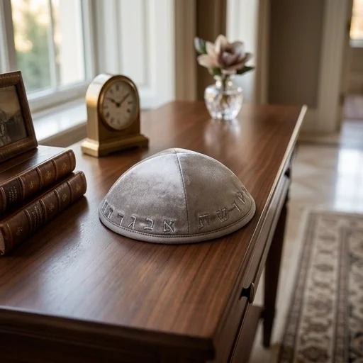 Velvet Kippah with Embroidery Size 4- Light Gray