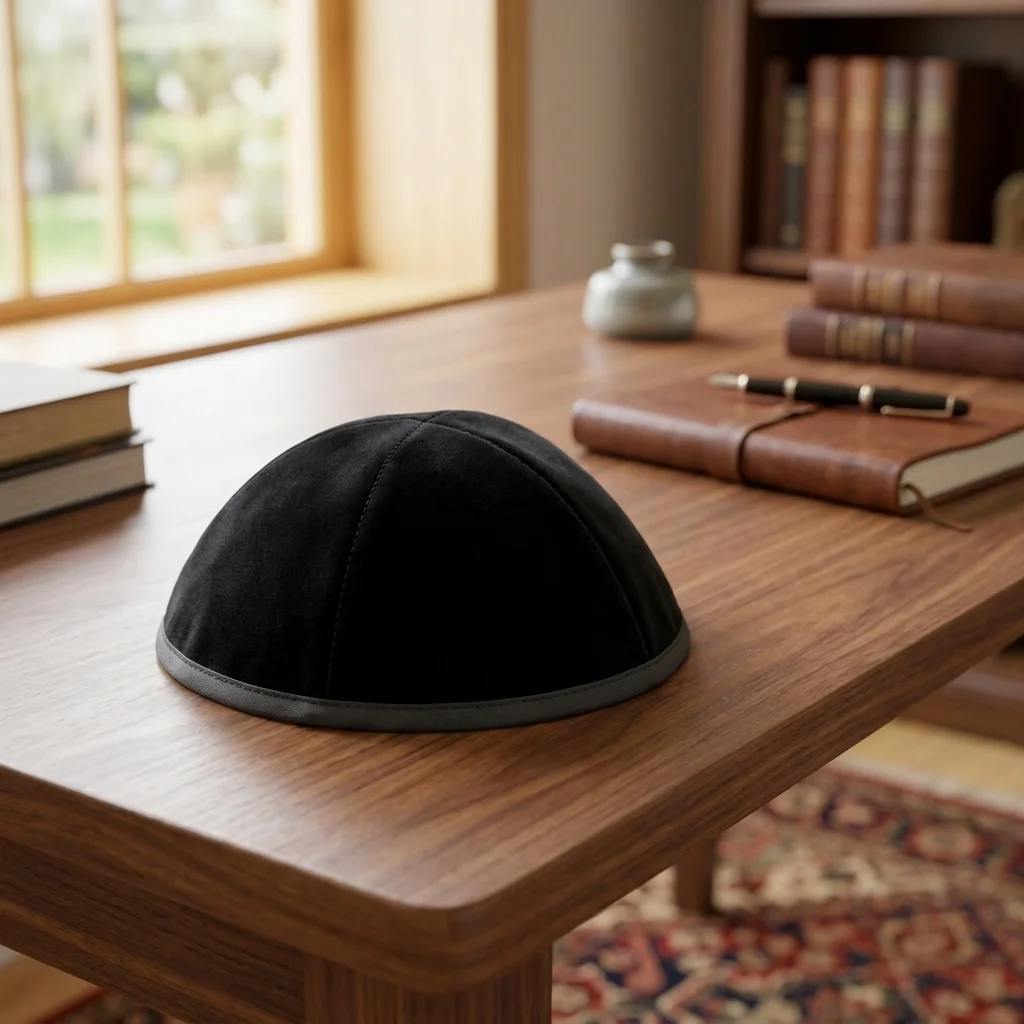 Velvet Plush Black Kippah 4 Parts, 21 cm Size 5 with Rim