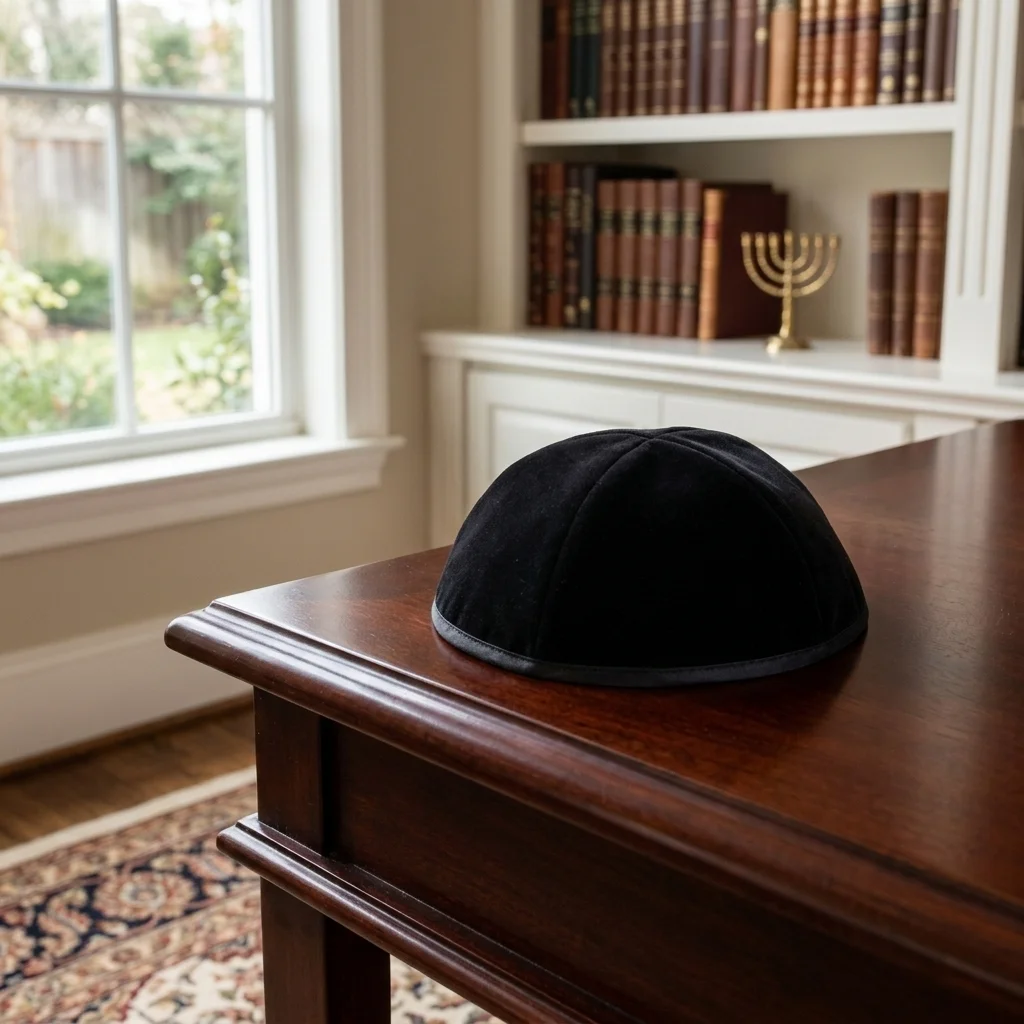 Velvet Plush Black Kippah 4 Parts, 22 cm Size 6 with Rim
