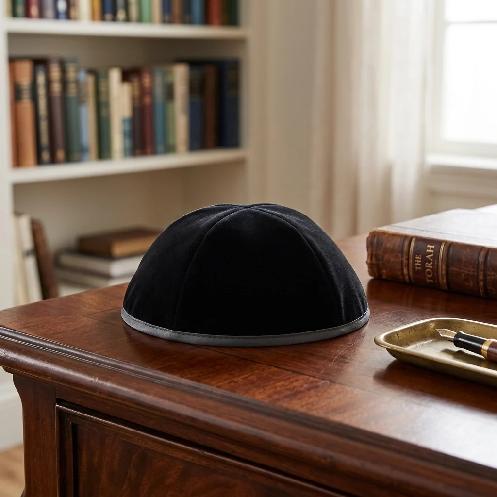 Velvet Plush Black Kippah 4 Parts, 23 cm Size 7 with Rim