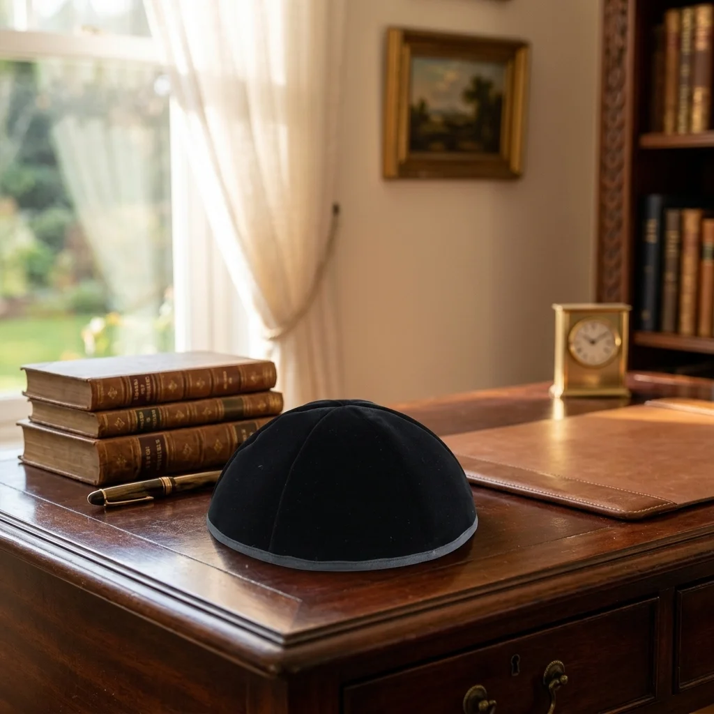 Velvet Plush Black Kippah 6 Parts, 19 cm Size 3 with Rim