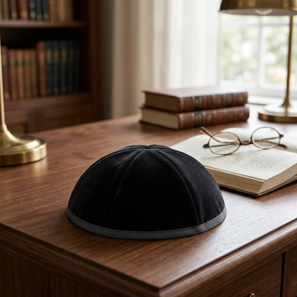 Velvet Plush Black Kippah 6 Parts, 20 cm Size 4 with Rim