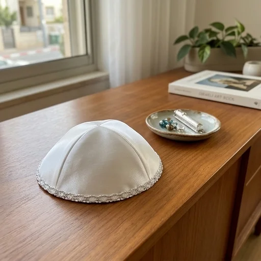 White Satin Kippah 17 cm - Silver