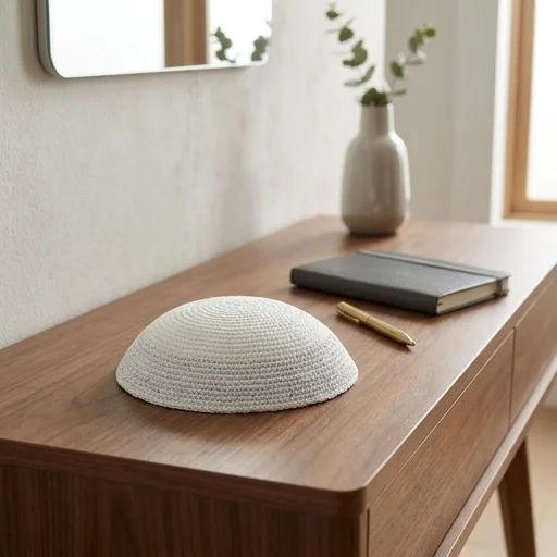 Knitted Kippah 17 cm- White with Silver Line