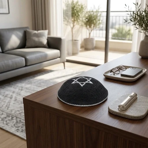 Knitted Kippah 16 cm- Black with Silver Magen David Embroidery