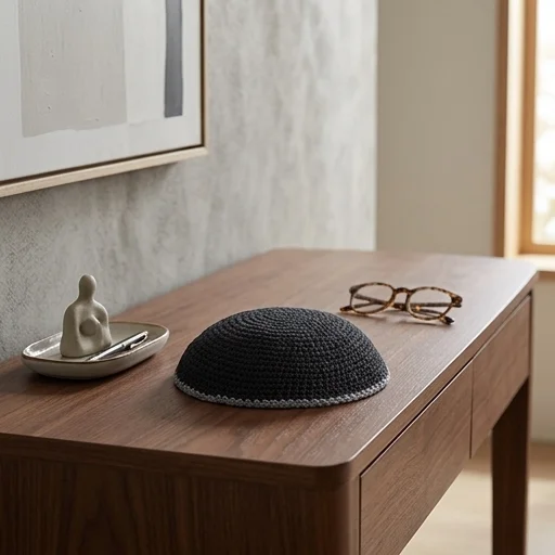 Knitted Kippah 15 cm- Black with Gray Line