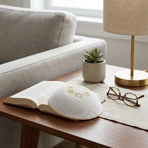 Knitted Kippah 16 cm- White with Golden Magen David Embroidery