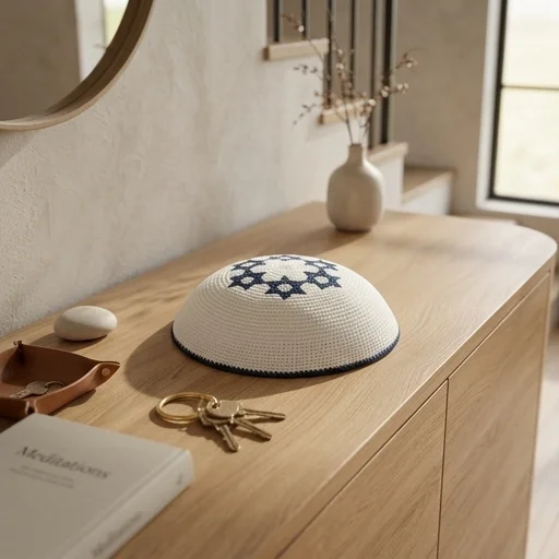 Knitted Kippah 16 cm- White with Blue Magen David Embroidery