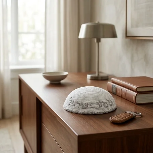 Knitted Kippah 16 cm- White with Silver "Shma Israel" Embroidery