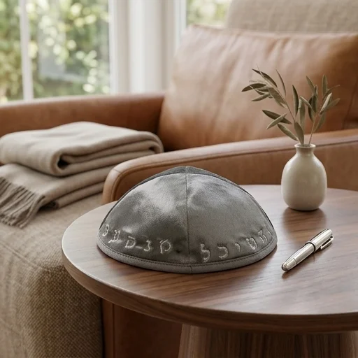 Velvet Kippah with Embroidery Size 3- Gray