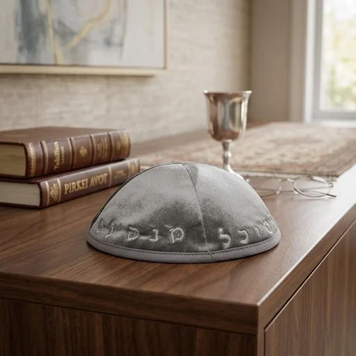 Velvet Kippah with Embroidery Size 4- Gray