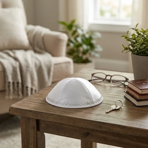 White Satin Kippah 20cm- Ornaments - with Embroidery