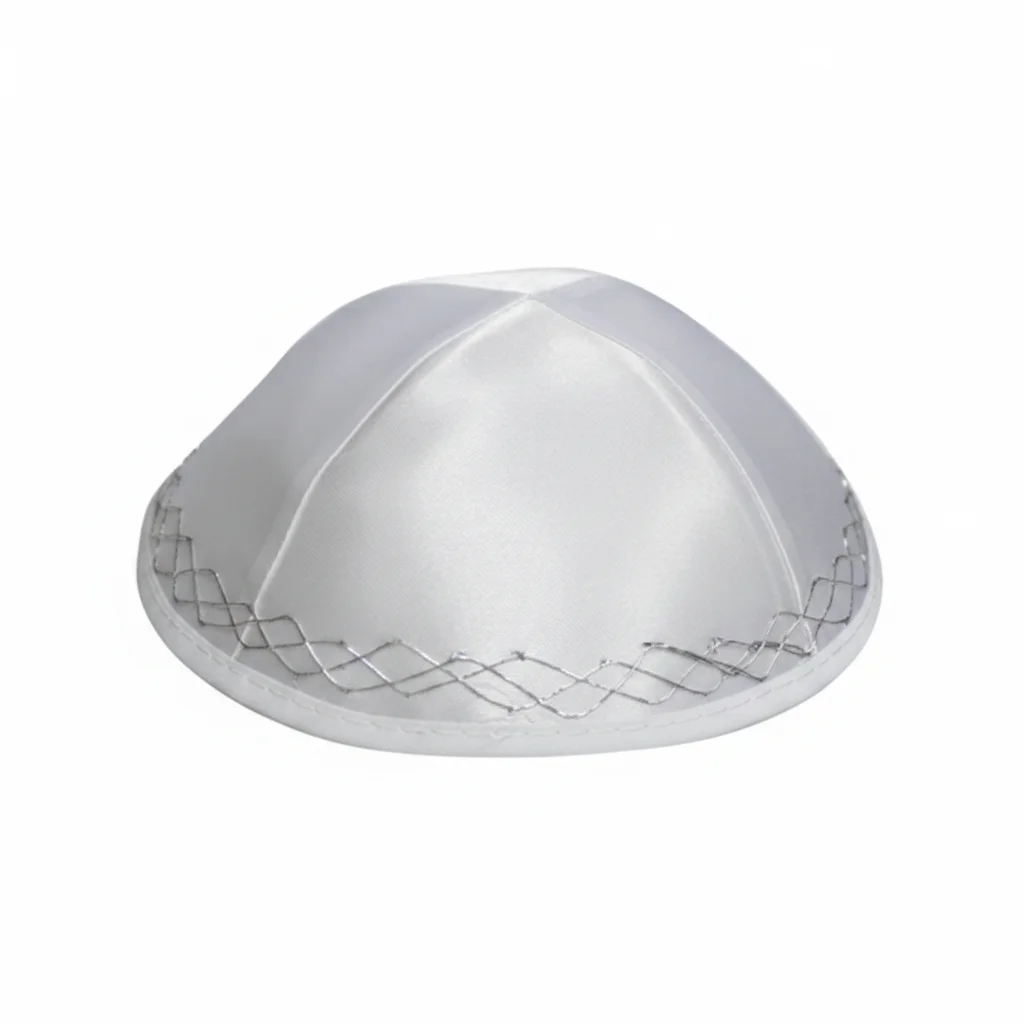 Satin Kippah 19cm- High Quality - White, with Embroidery