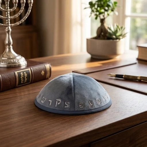 Velvet Kippah with Embroidery Size 3- Blue