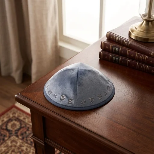 Velvet Kippah with Embroidery Size 4- Blue
