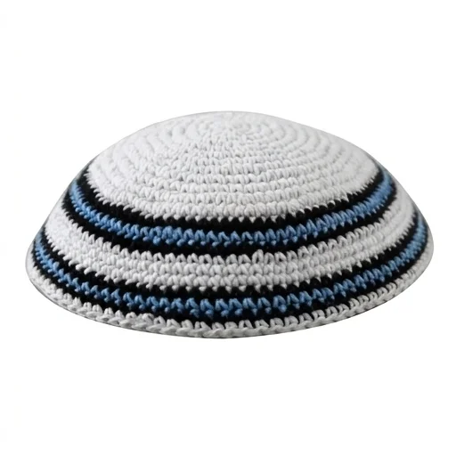 Knitted Kippah 16 cm- White with Blue-black Stripes - Light Blue