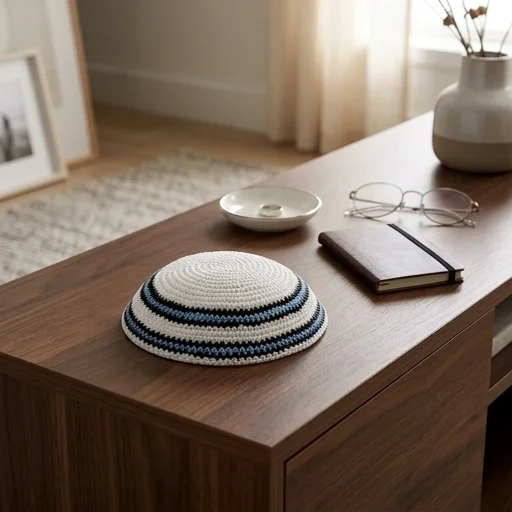 Knitted Kippah 16 cm- White with Blue-black Stripes - Light Blue