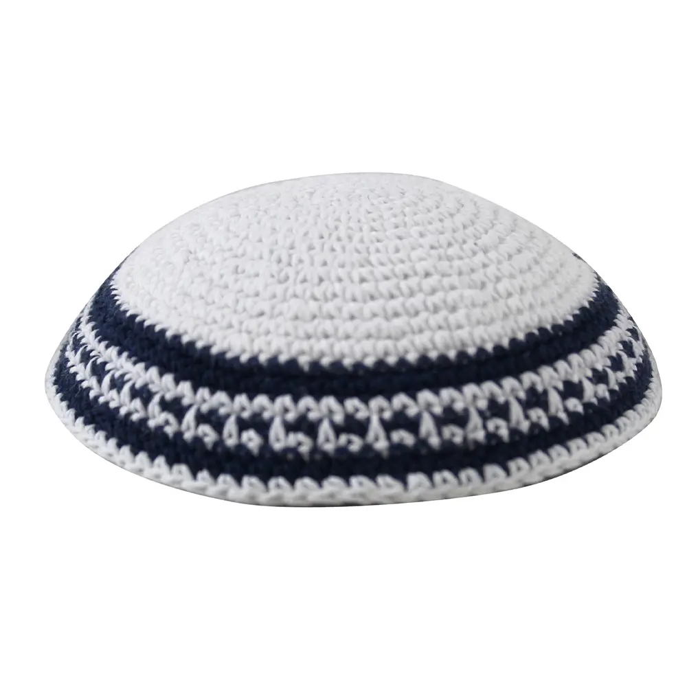Knitted Kippah 16 cm- White with D.blue-white Stripe - Dark Blue