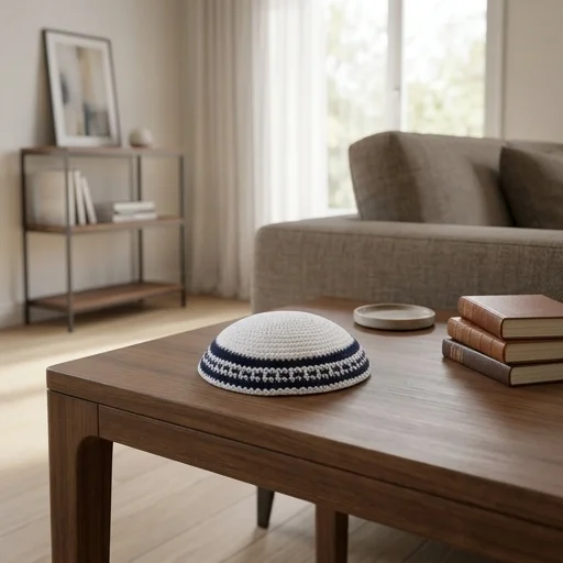 Knitted Kippah 16 cm- White with D.blue-white Stripe - Dark Blue