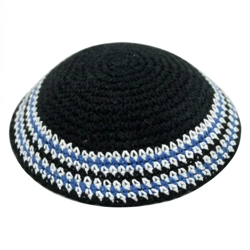 Knitted Kippah 16 cm- Black with Black & Green Stripes