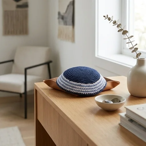 Knitted Kippah 16 cm- Blue with Blue Stripes - Dark Blue