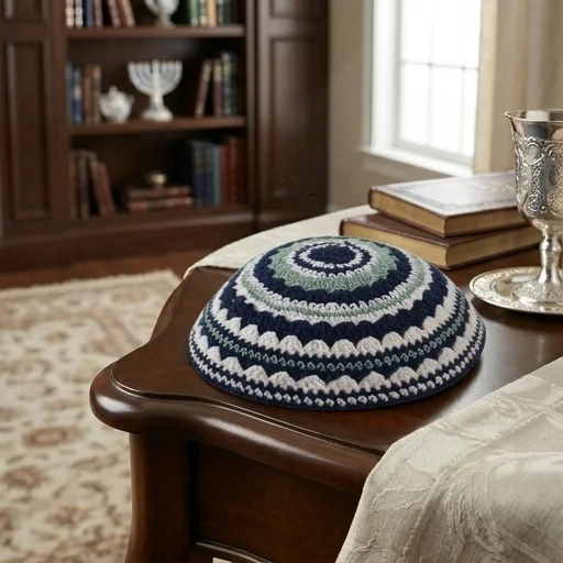 Knitted Kippah 18 cm- Blue-l. Green-white
