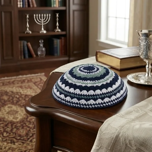 Knitted Kippah 20 cm- Blue-l. Green-white