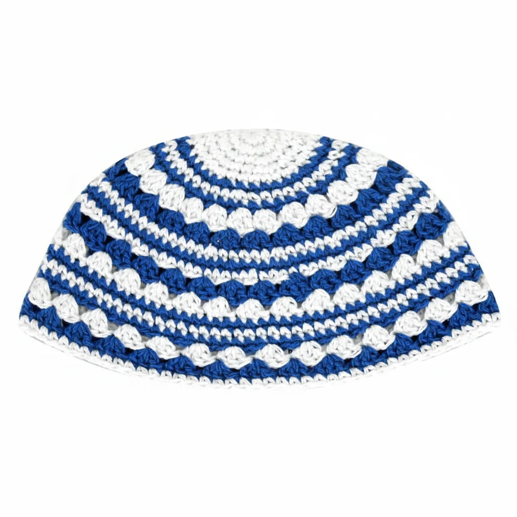 Frik Kippah 21cm- Blue with Light Blue Stripe - White