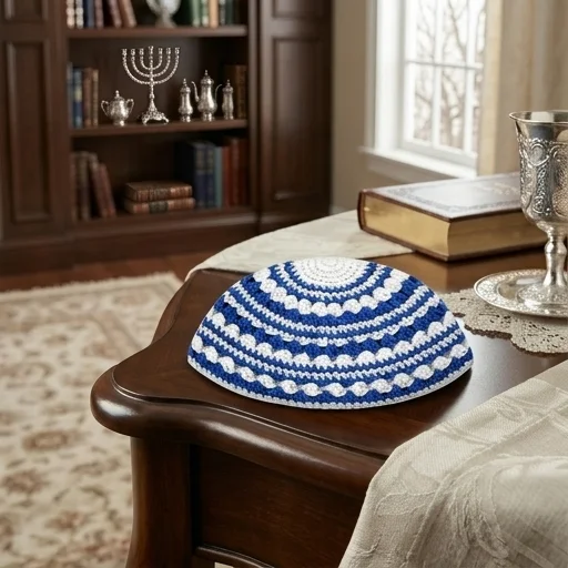 Frik Kippah 21cm- Blue with Light Blue Stripe - White