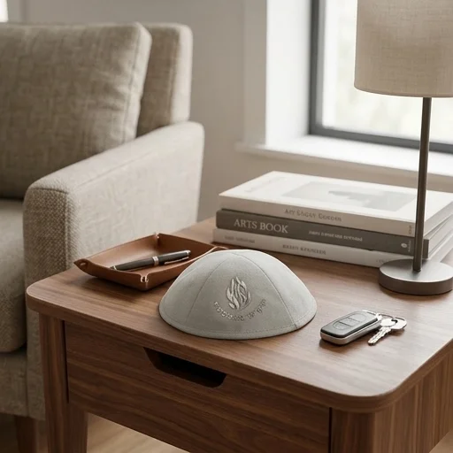 Gray Ultra Suede Kippah 19 cm with Silver Embroidered "Ha'aish Sheli" and Pin Spot