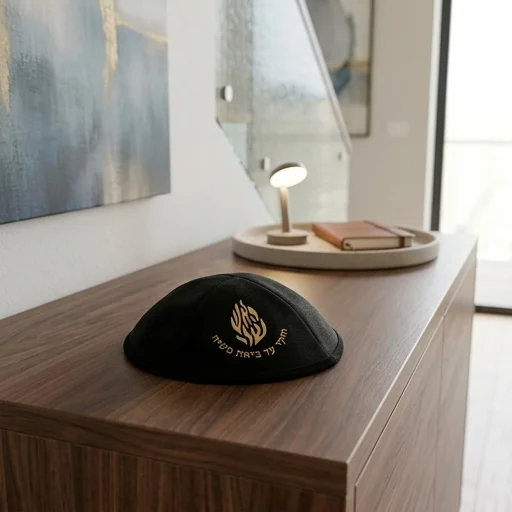 Black Ultra Suede Kippah 19 cm with Golden Embroidered "Ha'aish Sheli" and Pin Spot