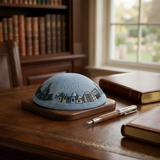 Linen Kippah with Embroidery 19 cm