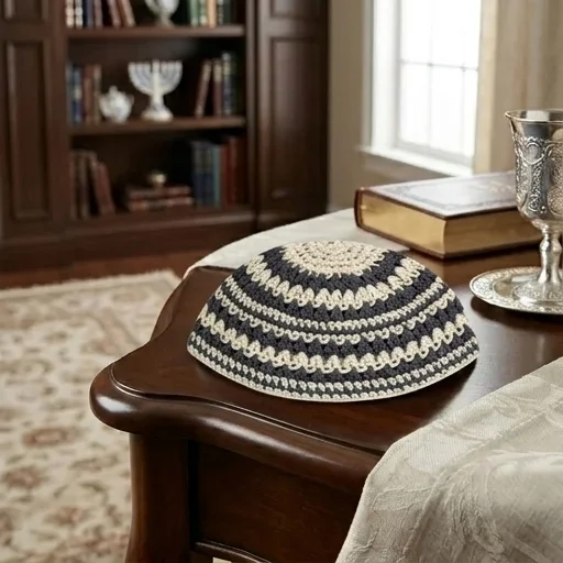 Frik Kippah 21 cm- Thick Knitted- Gray and Beige Striped Design