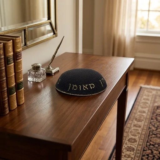 Knitted Kippah 16 cm- Black with Gold "Nachman" Embroidery