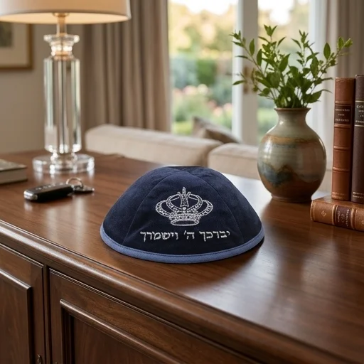 כיפה קטיפה "ארט-מן" עם ריקמה יברכך גודל 4 - כחול כהה