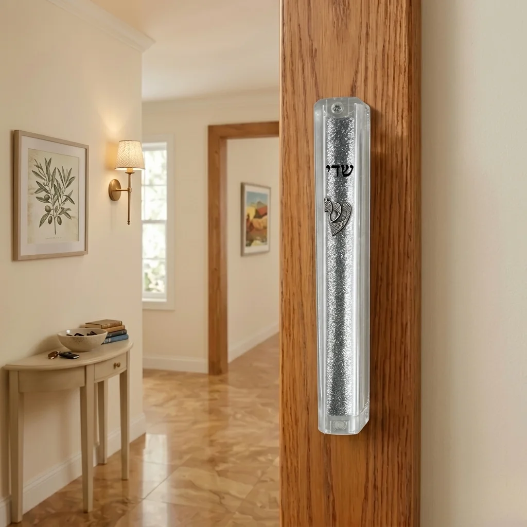 Plastic Glitter Clear Mezuzah with Rubber Cork 15 cm- with Silver Shin