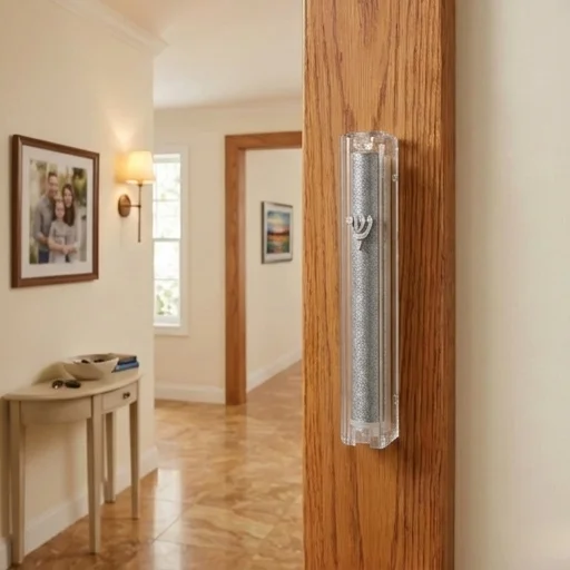Plastic Glitter Clear Mezuzah with Rubber Cork 12 cm- with Silver Shin