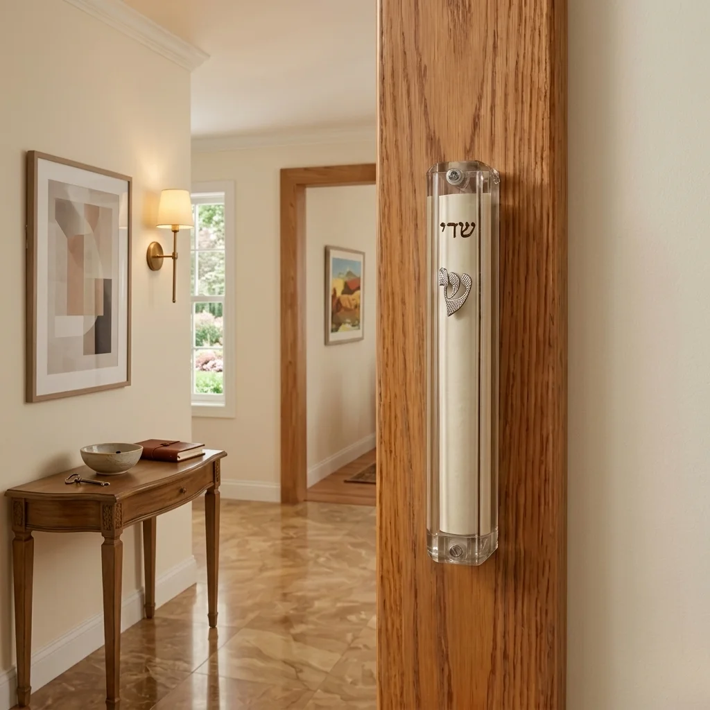 Clear Plastic Mezuzah with Rubber Cork 15 cm- with Gold Shin (28282)