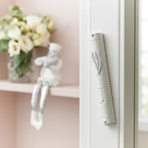 White Plastic Mezuzah with Rubber Cork 12 cm- "the Kotel" with Silver Shin