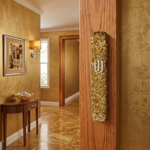 Glass Mezuzah with Stones 12 cm- Golden