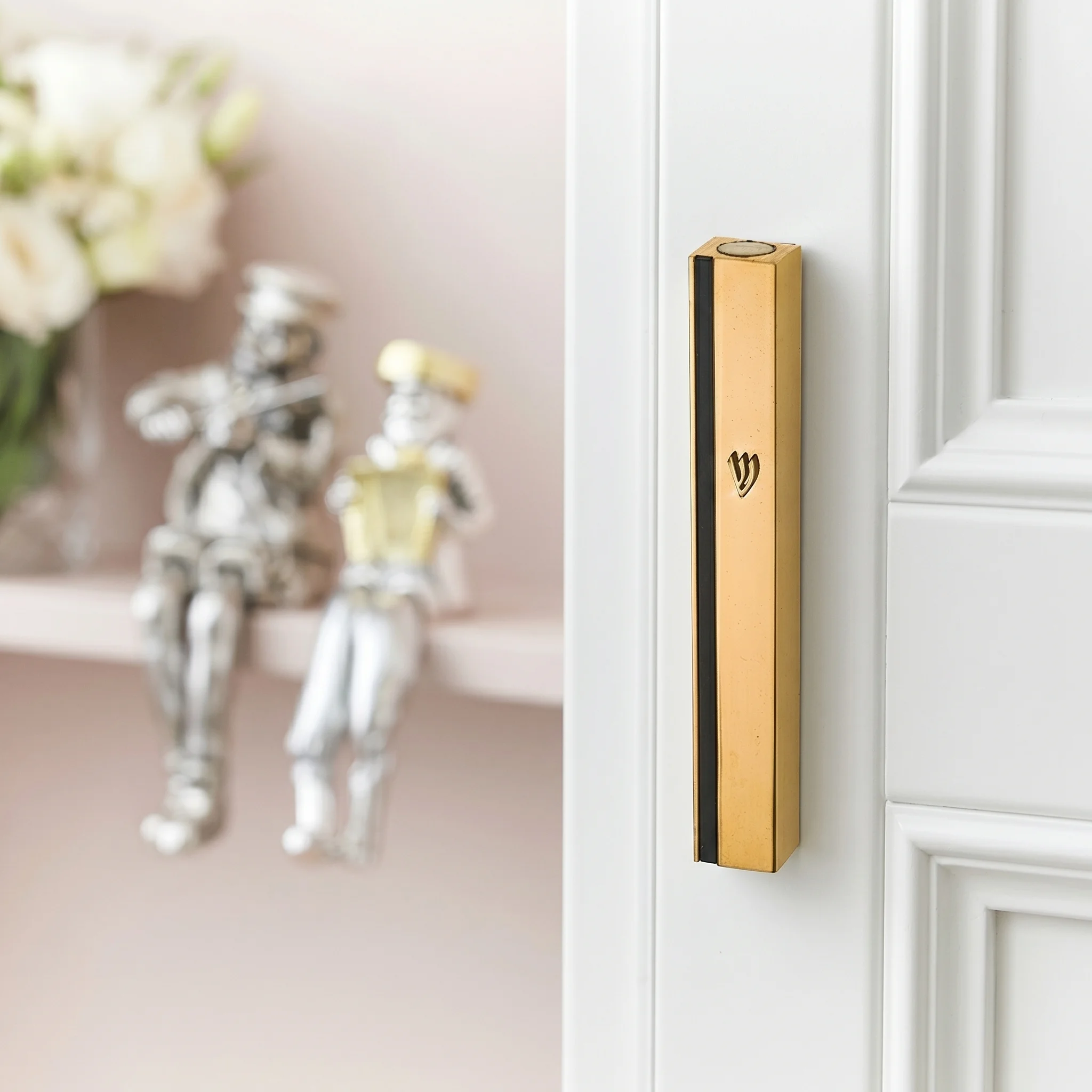 Aluminum Mezuzah 12 cm- Gold with Metal Shin & Black Stripe