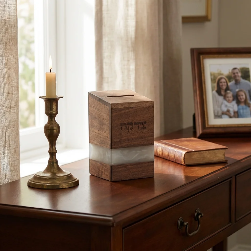 Wood Tzedakah Box with White Epoxy 14 cm