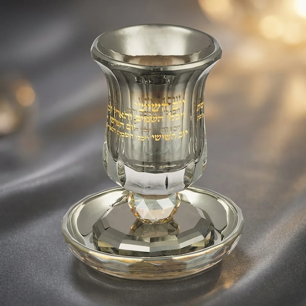Crystal Kiddush Cup with Stem "Blessing" 13 cm - Gold, Black