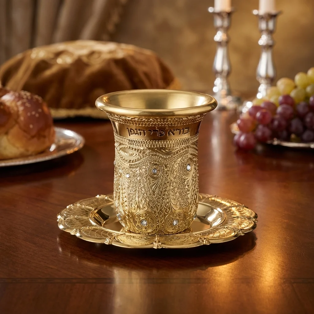 Gln Kiddush Cup "Checkered" Filigree 8.5 cm Contain 120ml // 4.06oz - Gold